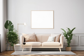 Scandinavian living room with blank poster frame mockup
