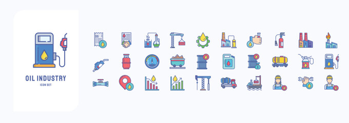A collection sheet of linear color icons for Oil Industry, including icons like Bill, Business, Crane, Experiment and more