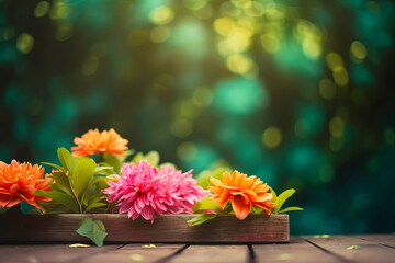 Empty wooden tabletop with colorful flowers background for advertising and presentation. Selective focus on tabletop. Generative AI illustration