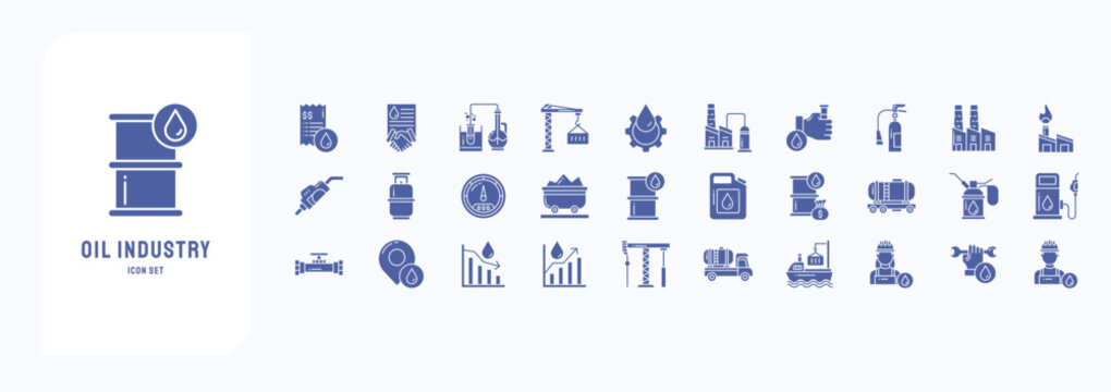 Collection of icons related to Oil Industry, including icons like Bill, Business, Crane, Experiment and more