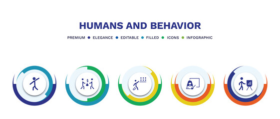set of humans and behavior filled icons. humans and behavior filled icons with infographic template. flat icons such as showin, people trading, storekeeper, teachers, business presentation vector.