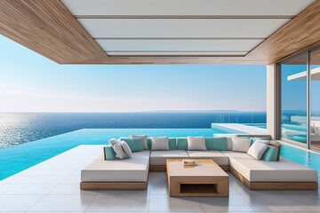 Wide view outdoor terrace Modern white living room blue sofa with infinity pool in front of beautiful sea, Postproducted generative AI illustration 