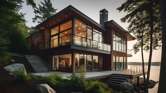 Discover the beauty of contemporary architecture with this stunning stock photo featuring a stunning house design with an open concept layout, large windows, and an expansive deck overlooking a tranqu