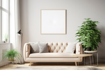 Scandinavian Living Room with Blank Poster Frame, Beige Sofa, and Green Plants