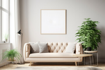 Scandinavian Living Room with Blank Poster Frame, Beige Sofa, and Green Plants