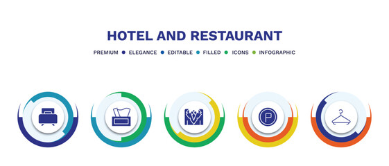 set of hotel and restaurant filled icons. hotel and restaurant filled icons with infographic template. flat icons such as single bed, napkins, suits, parking, hanger vector.