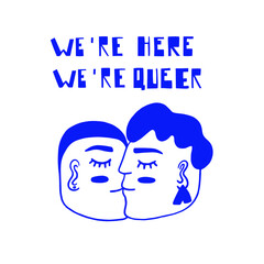 Illustration of two people kissing and lettering. Queer, gay, gender non conforming couple. Celebrating pride and the LGBTQ plus community. Minimalist, outline, blue silhouette.
