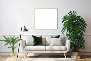 Scandinavian Living Room with Blank Poster Frame and Lush Plants