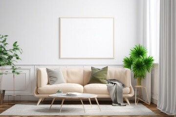 Scandinavian Living Room with Blank Poster Frame and Lush Plants