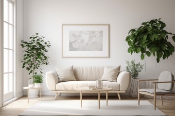 Scandinavian Living Room with Blank Poster Frame and Lush Plants