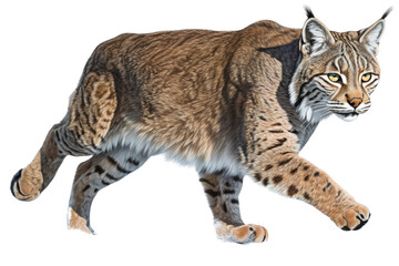 Obraz na płótnie Canvas an isolated Bobcat (Lynx rufus), in motion, preservation, elusive wildlife, Wildlife-themed, photorealistic illustration on a transparent background cutout in PNG. Generative AI
