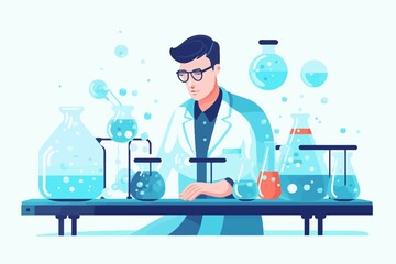 Obraz na płótnie Canvas Scientist man in lab coat and glasses making experiment in chemical laboratory. Vector illustration