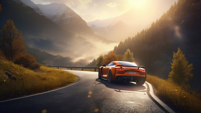 A Futuristic Sports Car Races Through A Winding Mountain Road, Surrounded By Breathtaking Scenery, Generative AI.