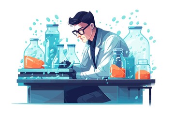 Scientist man in lab coat and glasses making experiment in chemical laboratory. Vector illustration
