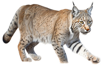 Fototapeta premium an isolated Bobcat (Lynx rufus), in motion, preservation, elusive wildlife, Wildlife-themed, photorealistic illustration on a transparent background cutout in PNG. Generative AI