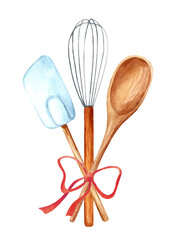 Kitchen set. rolling pin, whisk, kitchen spatula isolated on white background. Watercolor hand drawn illustration for menu, cookbook