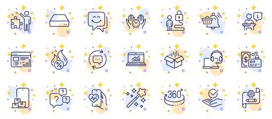 Outline set of Lock, Cardio training and Strategy line icons for web app. Include Notification cart, Safe time, Online storage pictogram icons. Consult, Web report, Approved signs. Card. Vector