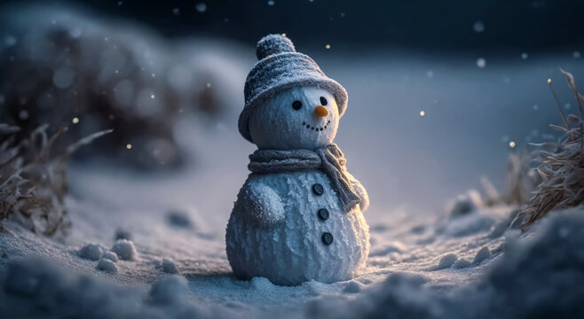 A cute and lonely snowman in the snow for a perfect winter landscape and magical Christmas photos. Generative AI