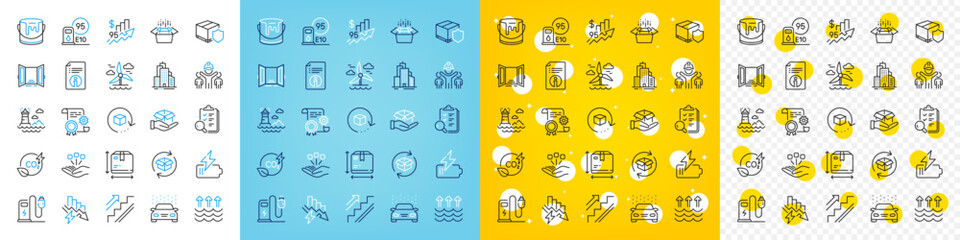 Fototapeta na wymiar Vector icons set of Technical info, Skyscraper buildings and Lighthouse line icons pack for web with Petrol station, Return parcel, Rise price outline icon. Battery, Inspect. Vector