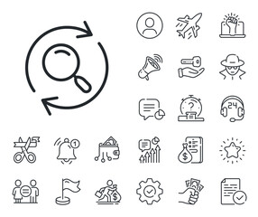 Refresh find results sign. Salaryman, gender equality and alert bell outline icons. Search line icon. Search line sign. Spy or profile placeholder icon. Online support, strike. Vector