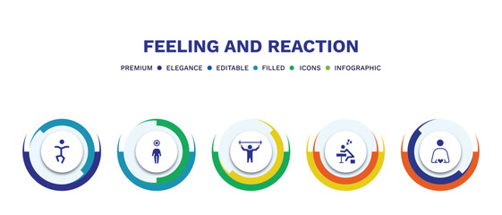 set of feeling and reaction filled icons. feeling and reaction filled icons with infographic template. flat icons such as stupid human, incomplete human, pumped human, lazy in love vector.