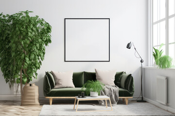 Minimalist Scandinavian Living Room with Blank Poster Frame and Plants