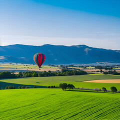Fototapeta premium A hot air balloon flying over a landscape with rolling hills and fields