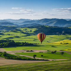 A hot air balloon flying over a landscape with rolling hills and fields