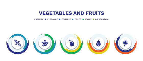 set of vegetables and fruits filled icons. vegetables and fruits filled icons with infographic template. flat icons such as basil, star fruit, apricot, papaya, artichoke vector.