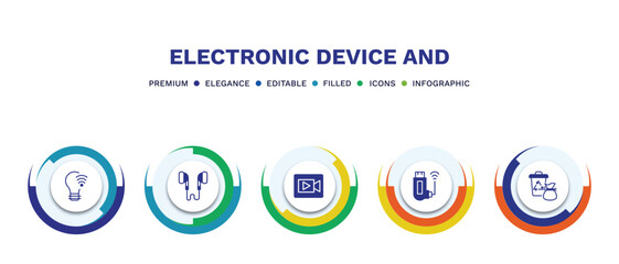 set of electronic device and filled icons. electronic device and filled icons with infographic template. flat icons such as smart light, earphones, video recorder, usb wireless adapter, garbage