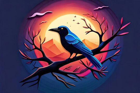 Black bird on a branch on night with moon background, generative ai