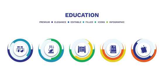 set of education filled icons. education filled icons with infographic template. flat icons such as experimentation, florence flask, abcus, notebook with bookmark, sticky note vector.