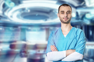 Doctor surgeon in medical apparel in a modern futuristic operating room in a hospital or clinic.