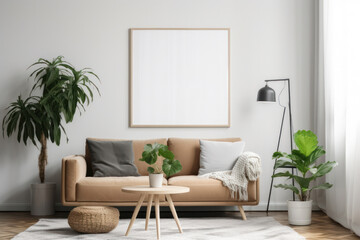 Minimalist Scandinavian Living Room with Blank Poster Frame and Plants