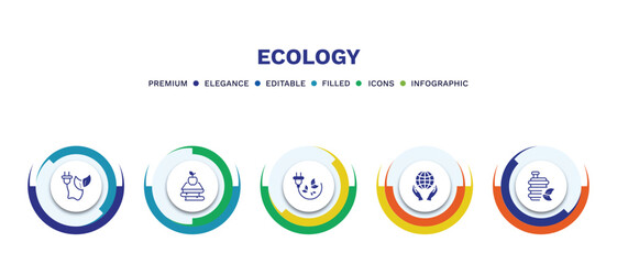 set of ecology filled icons. ecology filled icons with infographic template. flat icons such as eco energy, and books, eco energy power, save the earth, biofuel vector.