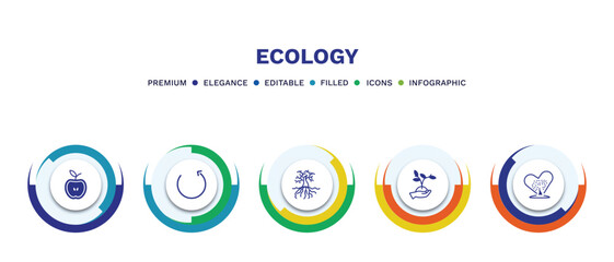 set of ecology filled icons. ecology filled icons with infographic template. flat icons such as half, reload, tree and roots, plant on a hand, tree with hearts vector.