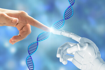 Plastic robot arm, and human hand pointing at DNA. Artificial intelligence AI genetically modified...