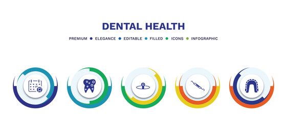 set of dental health filled icons. dental health filled icons with infographic template. flat icons such as dental appointment, inner tooth, headlamp, probe, maxilla vector.