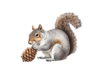 Fototapeta premium an isolated Grey Squirrel holding a pinecone, preservation, backyard wildlife, Wildlife-themed, photorealistic illustration on a transparent background cutout in PNG. Generative AI