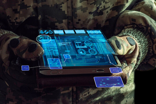 AI Command of the military forces on the tablet computer with augmented reality. Internet, Programming control with artificial intelligence, online coordination of the military team.