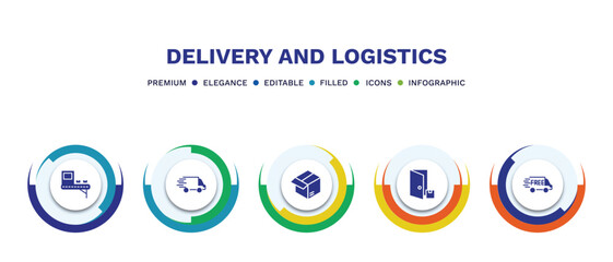 set of delivery and logistics filled icons. delivery and logistics filled icons with infographic template. flat icons such as delivery x ray, parcel, to the door, free vector.