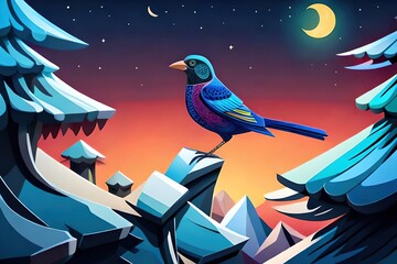 illustration birds on a branch at moonlight, blur orange colors, generative ai