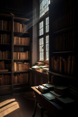 Interior of an Old Dusty Library  with shelves of books created using Generative AI