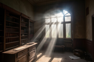 Sun rays shine into an old empty room created by Generative AI