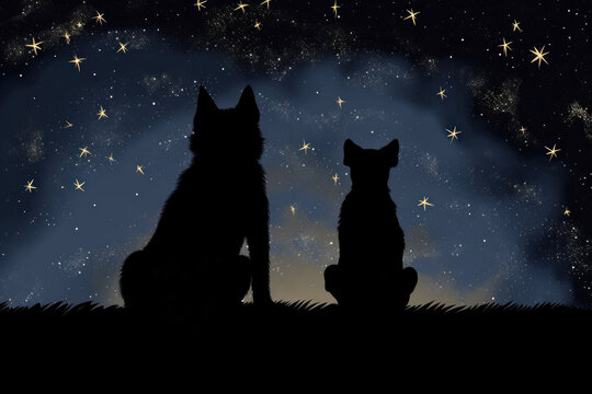 Dog and Cat Sitting Side by Side looking at the Night Sky created using Generative AI