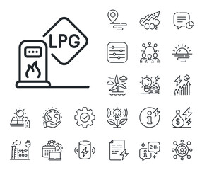 Filling station sign. Energy, Co2 exhaust and solar panel outline icons. Gas station line icon. LPG fuel symbol. Gas station line sign. Eco electric or wind power icon. Green planet. Vector