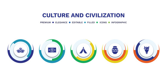 set of culture and civilization filled icons. culture and civilization filled icons with infographic template. flat icons such as brazil carnival mask, brazil flag, native american wigwam, native © Abstract