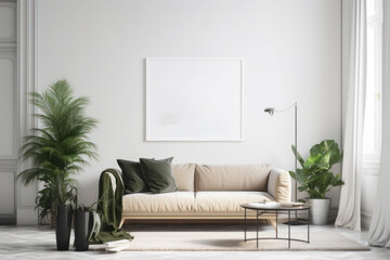 Blank Horizontal Poster Frame Mockup in a Scandinavian Living Room with Green Plants and Beige Sofa