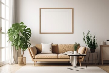 Blank Horizontal Poster Frame Mockup in a Scandinavian Living Room with Green Plants and Beige Sofa