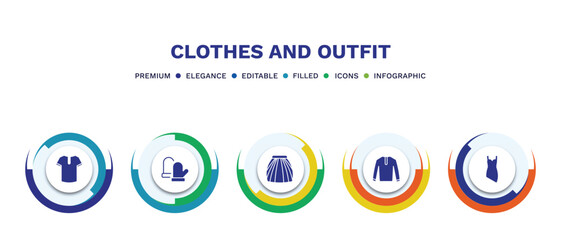 set of clothes and outfit filled icons. clothes and outfit filled icons with infographic template. flat icons such as henley shirt, wool gloves, tulle skirt, nylon jacket, cocktail dress vector.